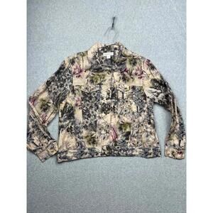 Coldwater Creek Womens Linen Button Up Jacket Petite L Floral Casual Lightweight